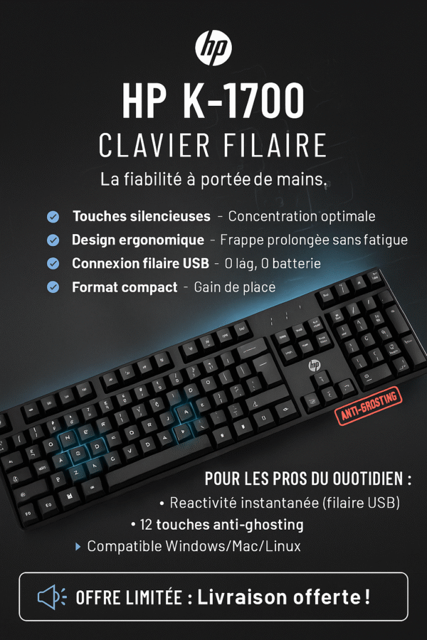 Clavier HP K-1700 Filaire – Silencieux & Anti-Ghosting | Confort Ergonomique | USB Plug & Play